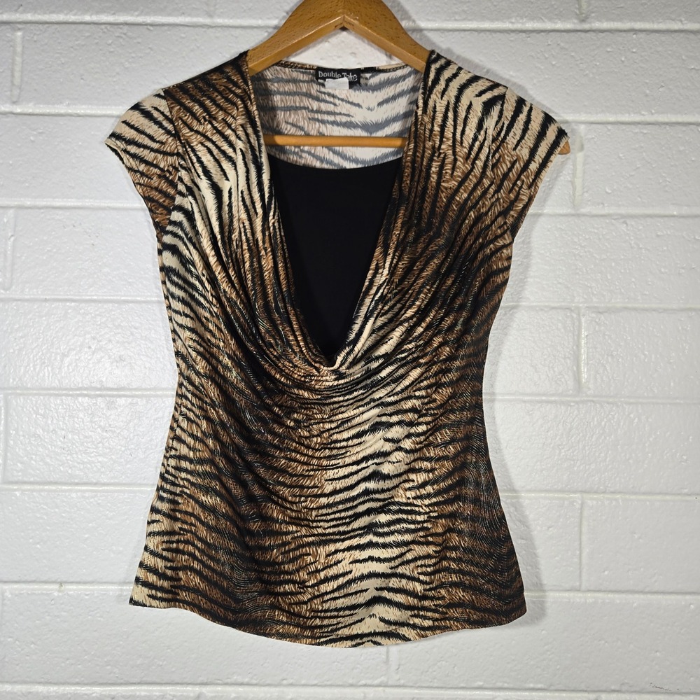 Vtg Y2K Double Take Tiger Stripe Cowl Neck Top Small Petite Gold Metallic Animal